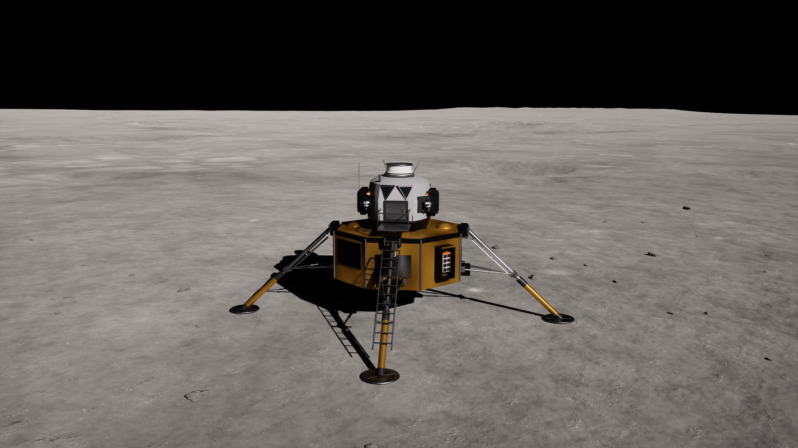 The Apollo-style Summit lander with gold descent stage, ladder and deployed landing legs on Selene