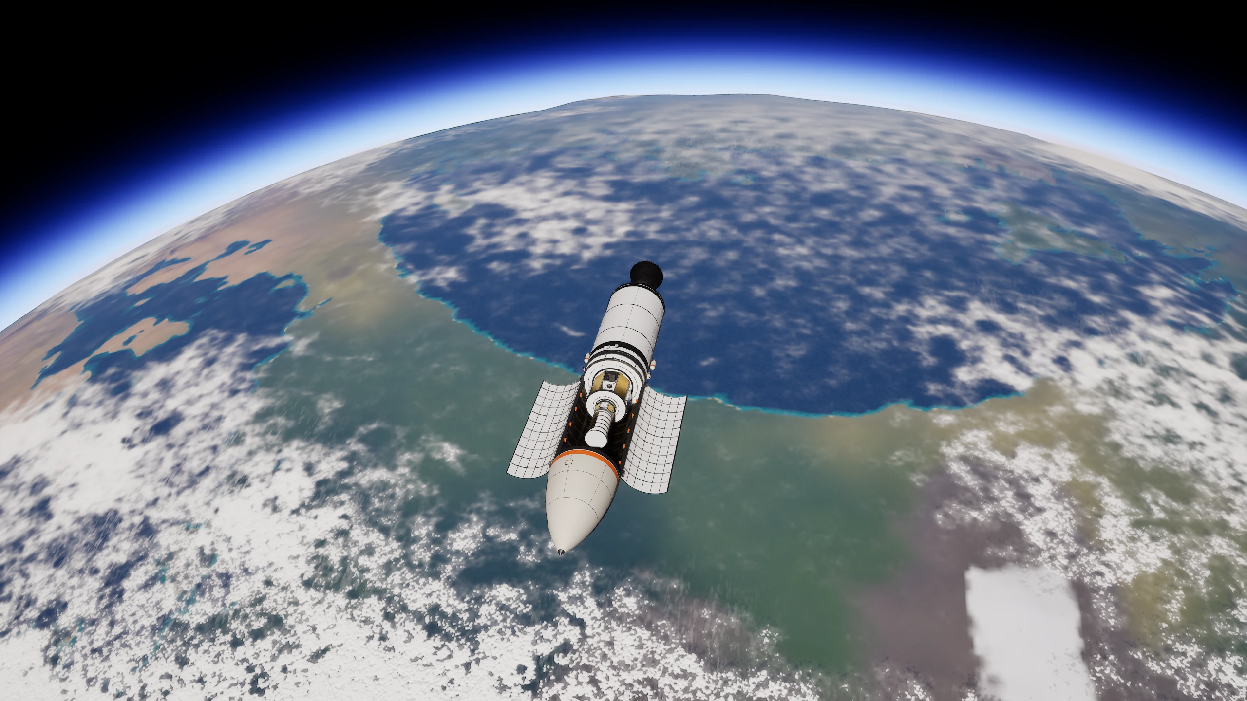 The Packhorse Freighter with its large cargo bay open, revealing the satellite and telescope payload