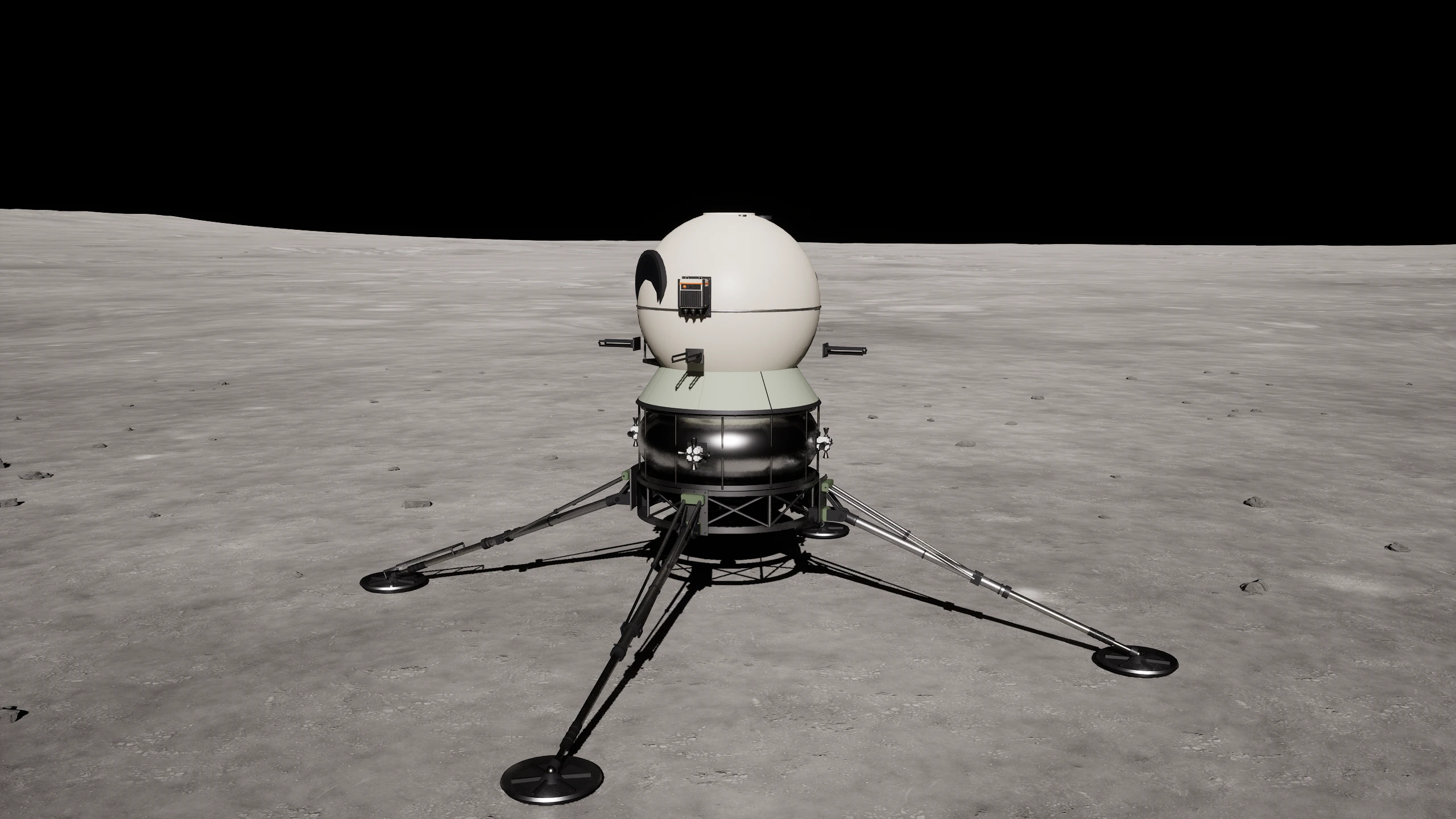 The Russian-style Ledokol lander, its spherical cabin and deployed legs lit by the sun on Selene