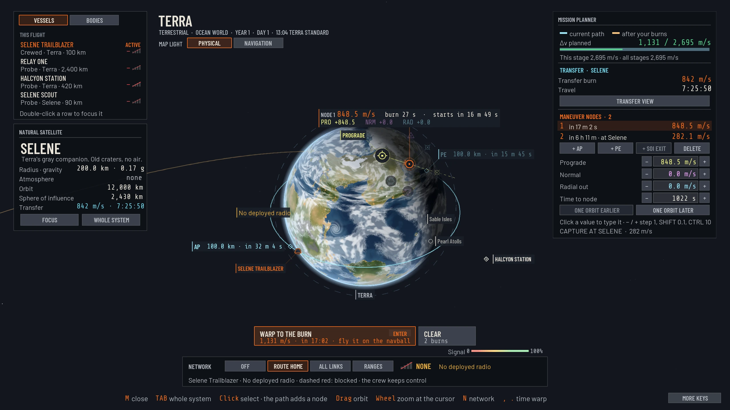 The orbital map showing maneuver trajectories and burn controls