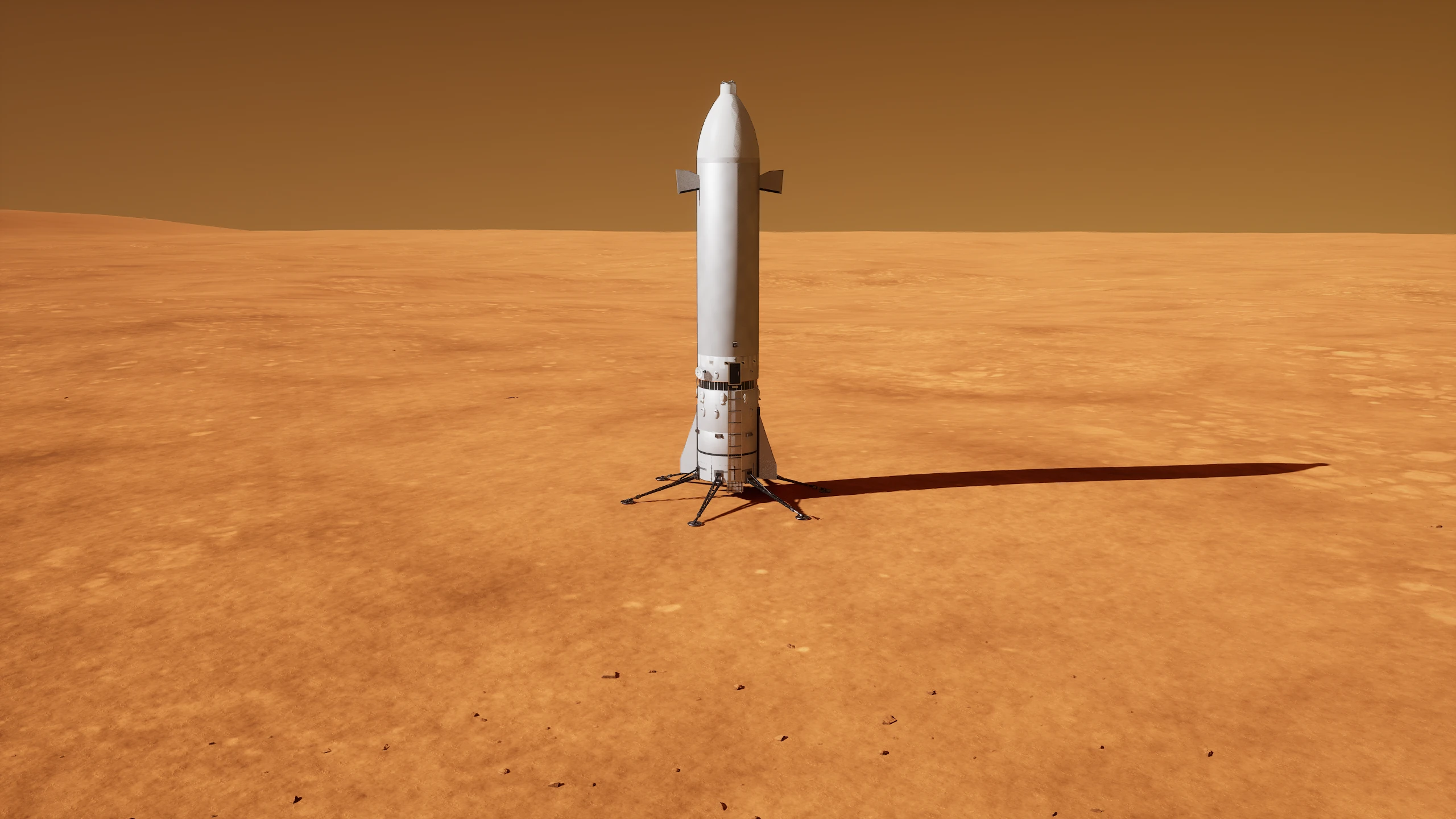 The tall Expedition lander standing on Rust’s ochre terrain under warm light