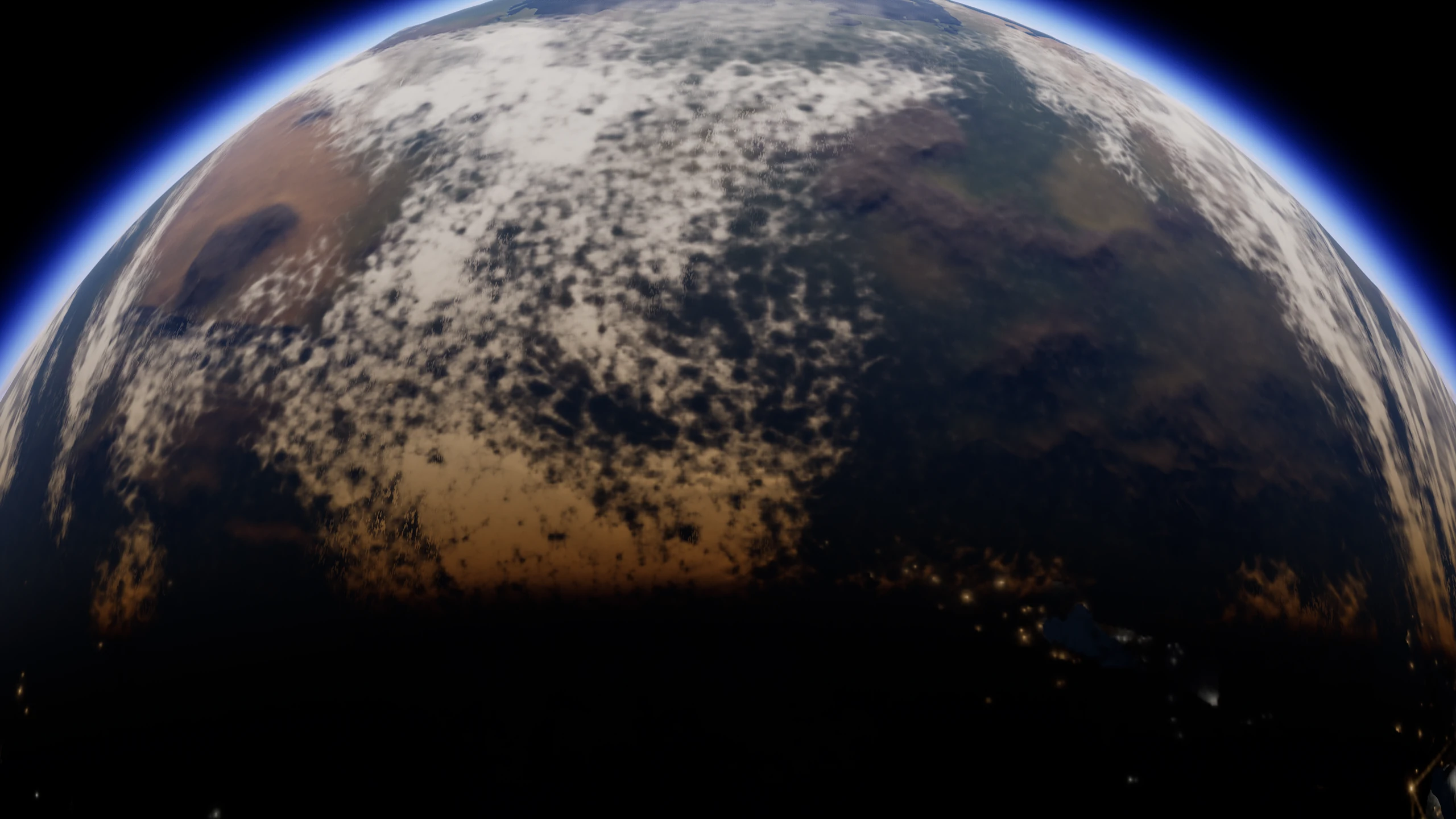 Golden light across Terra’s clouds beside the city lights of its night side